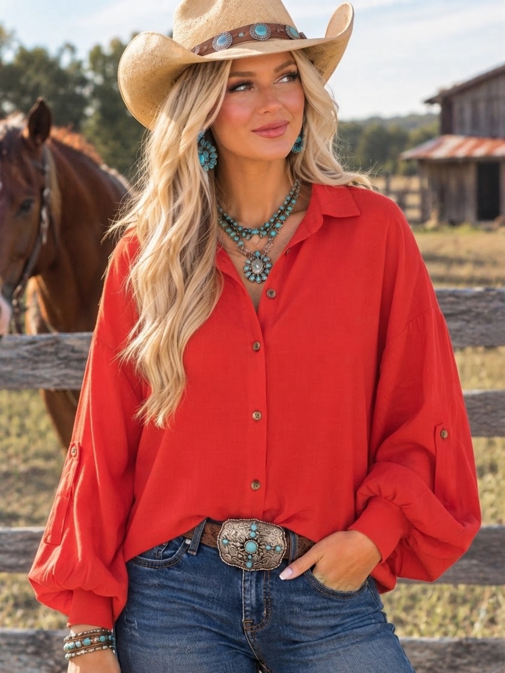 $174 Anthropologie Callahan Red Geometric Lib Puff-Sleeve Button-Up Cupio Blouse